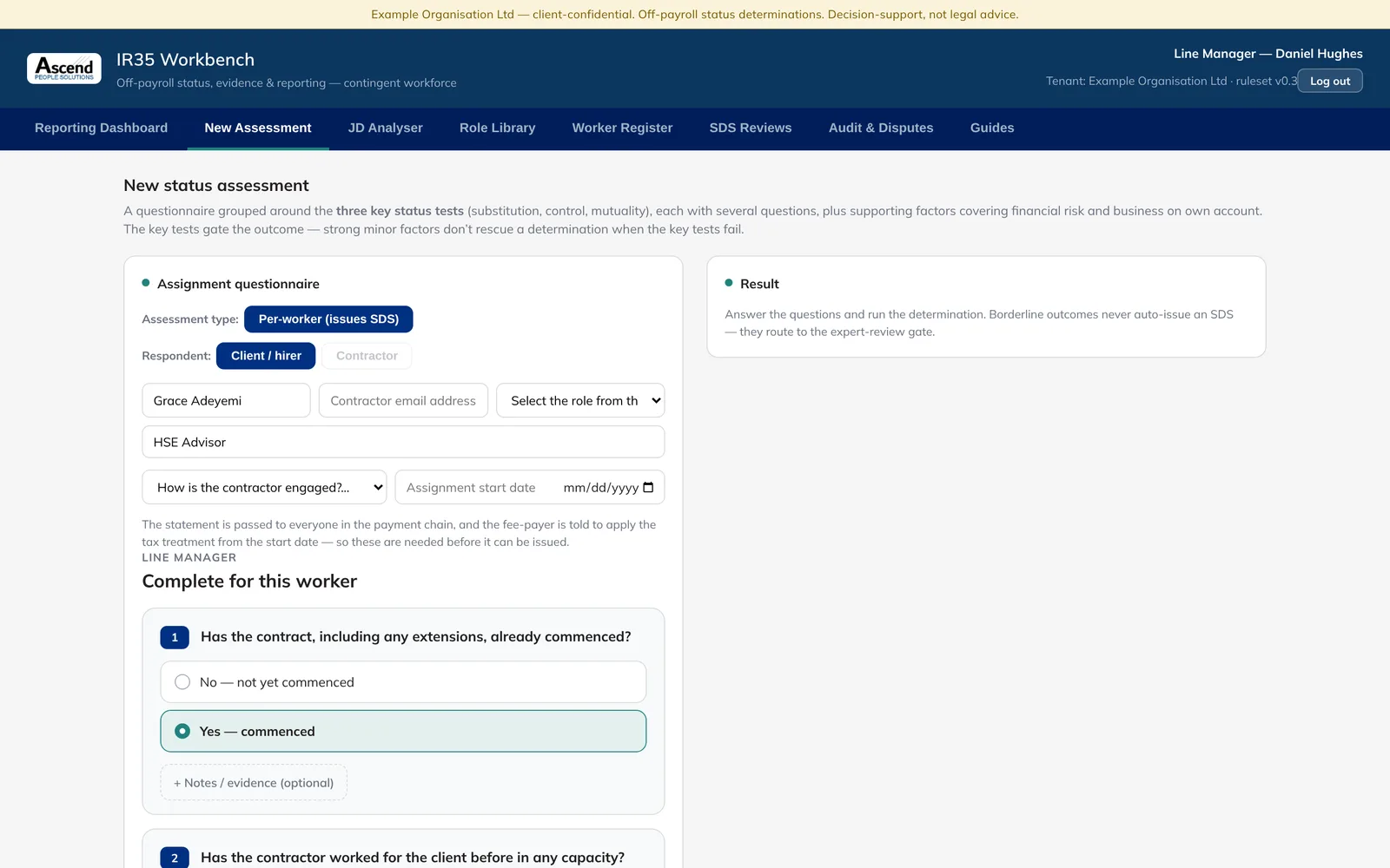 The line manager assessment, shown with example data