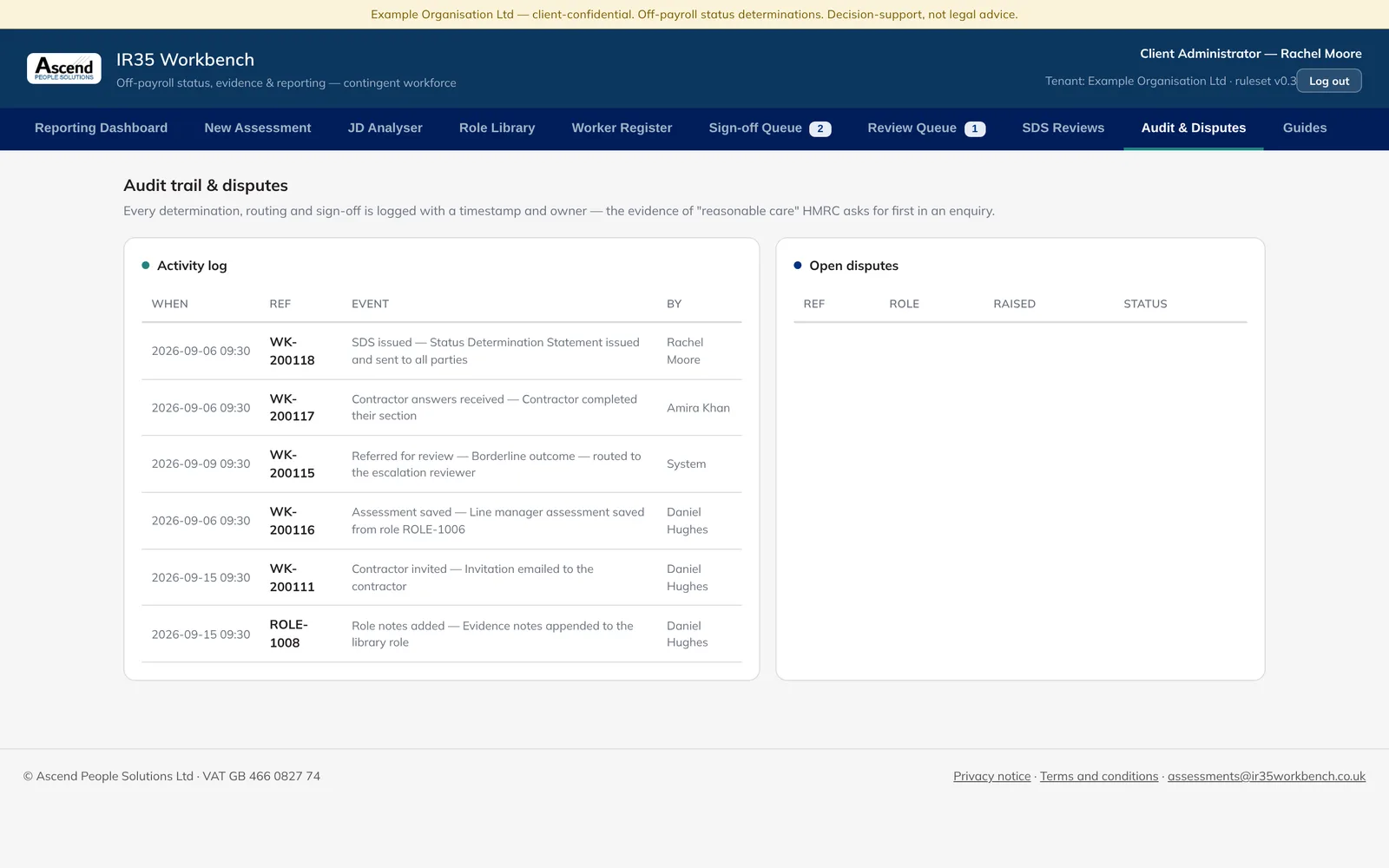 Audit trail, shown with example data