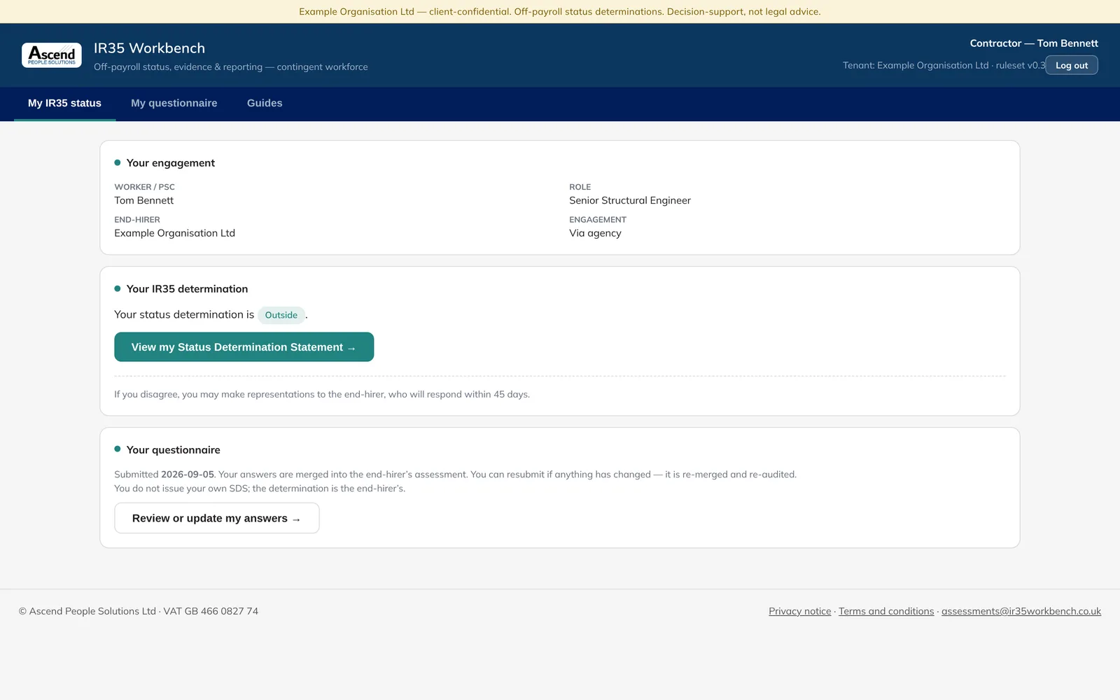 The contractor's side, shown with example data