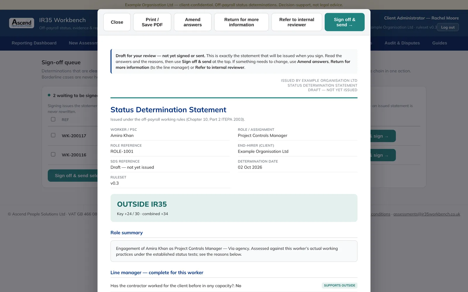 The Status Determination Statement, shown with example data