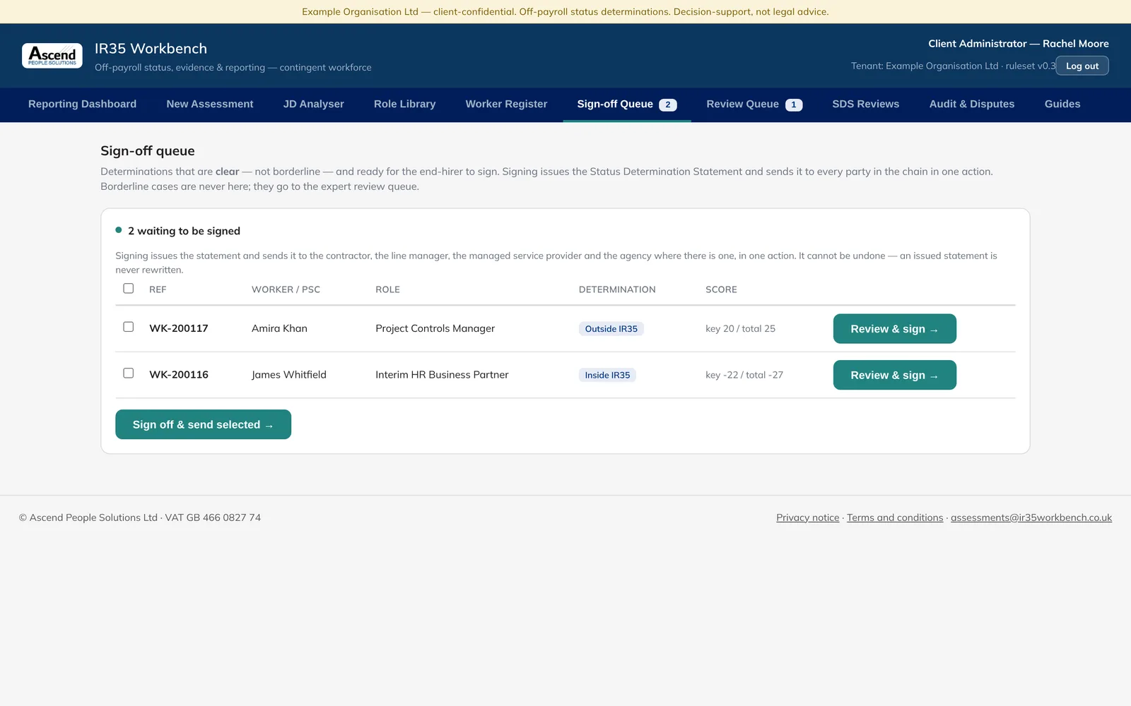 Review and sign-off, shown with example data